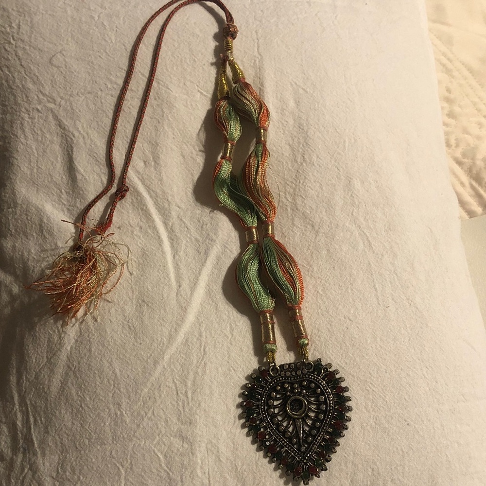 India Boutique Green and Orange Multi-Strand Pendant Necklace